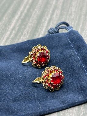 Vintage 1966 Sarah Coventry Signed Deep Burgundy Ruby Red Rhinestone Earrings